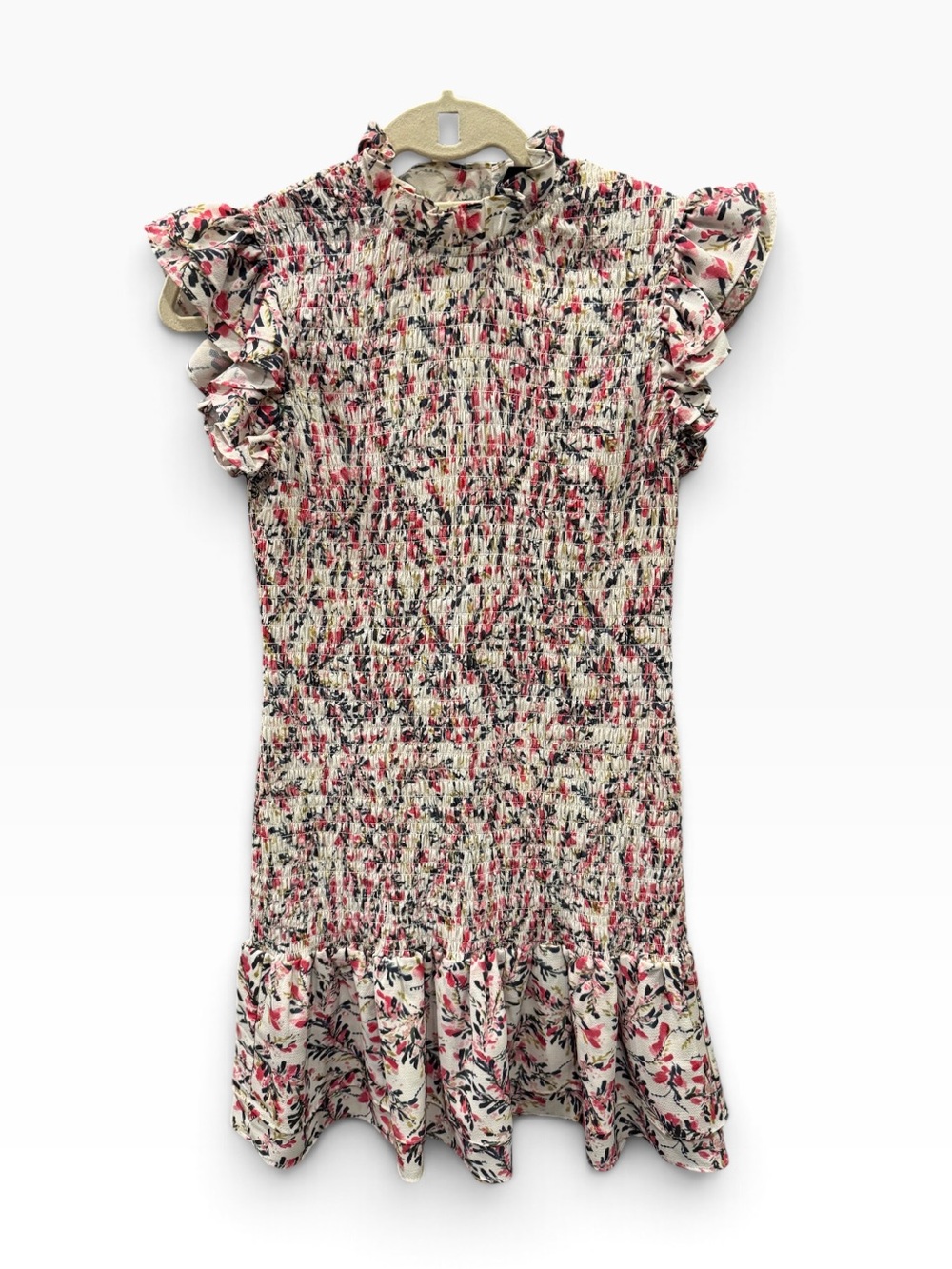 French Connection Cream Floral Smocked Ruffle Mini Dress